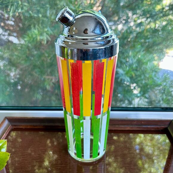 Mid-CenturyOrange and Green Striped Glass Cocktail Shaker w/ Chrome Top, 10” - Picture 1 of 16